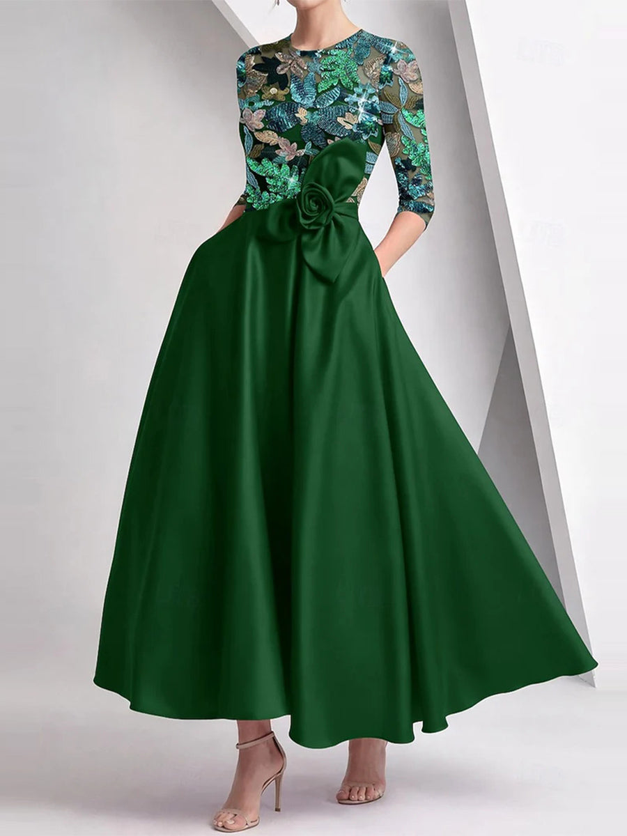 A-line/Princess Scoop 3/4 Sleeves Flower Ankle-Length Satin Corset Mother of the Bride Dress