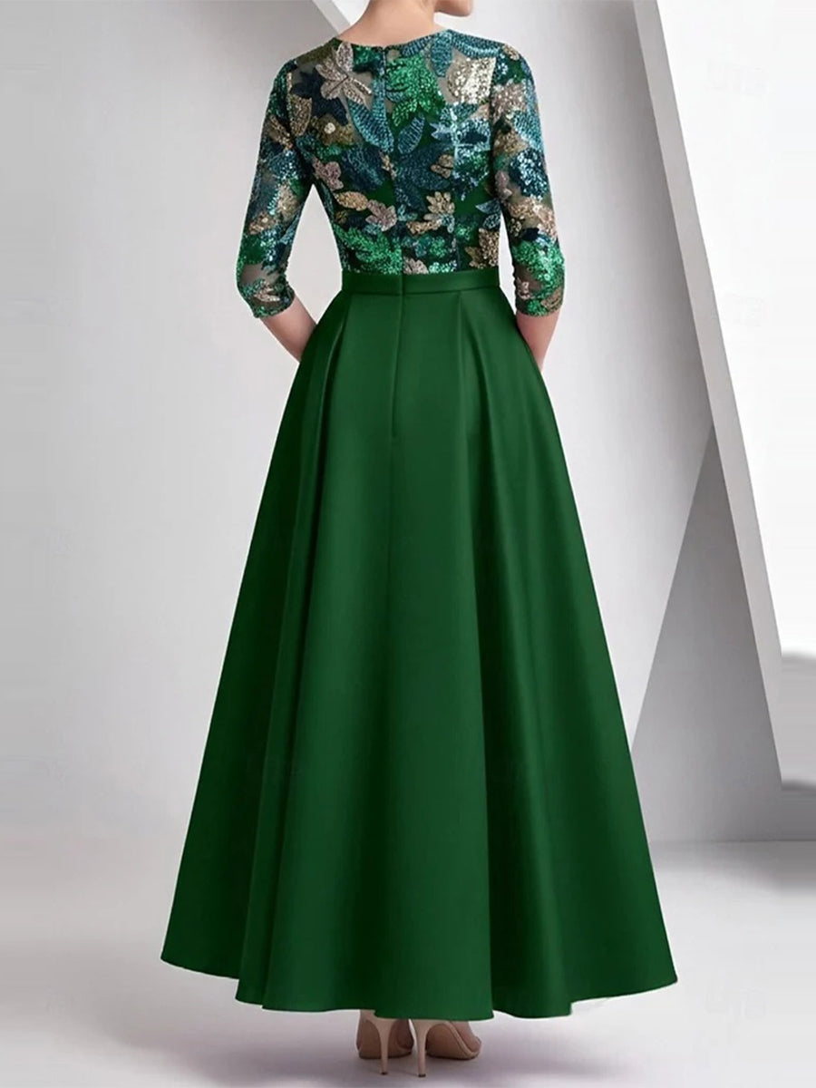A-line/Princess Scoop 3/4 Sleeves Flower Ankle-Length Satin Corset Mother of the Bride Dress