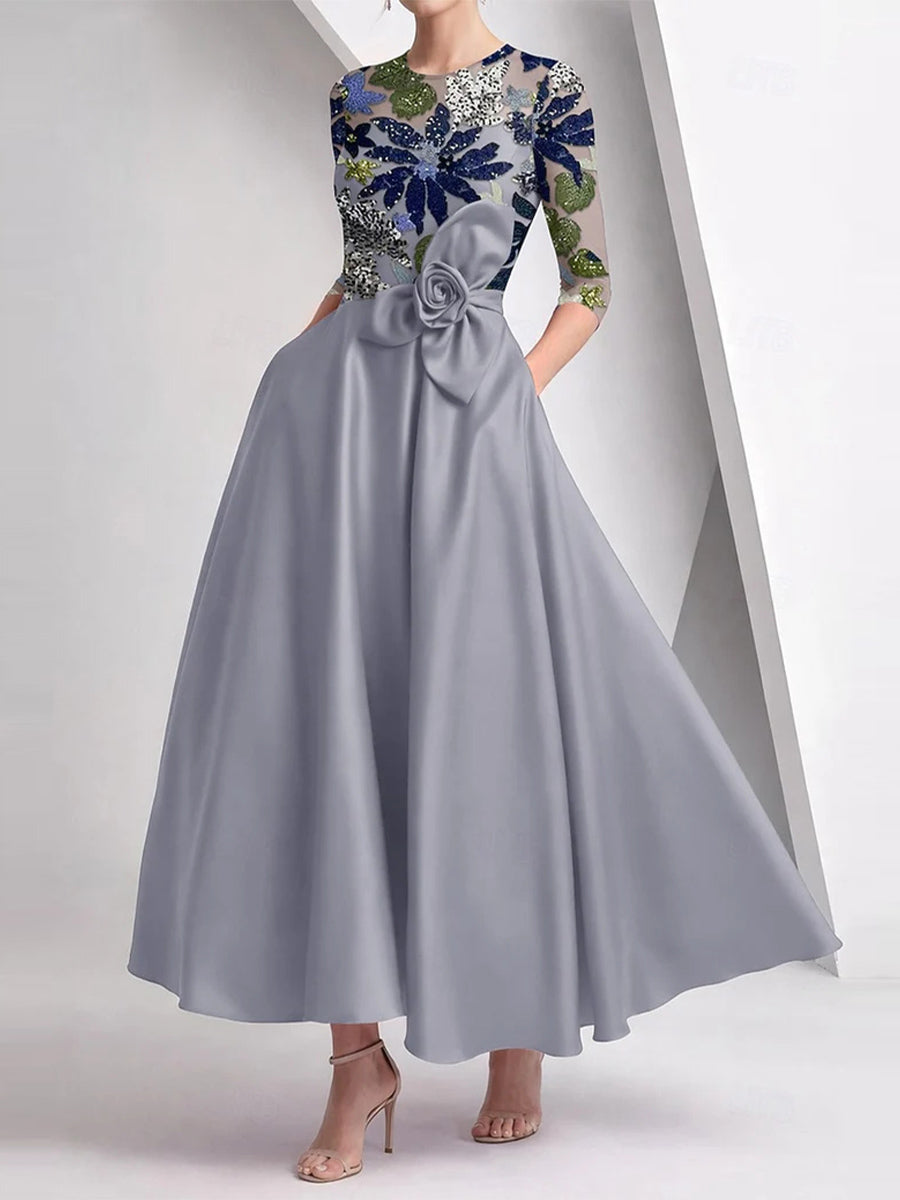 A-line/Princess Scoop 3/4 Sleeves Flower Ankle-Length Satin Corset Mother of the Bride Dress