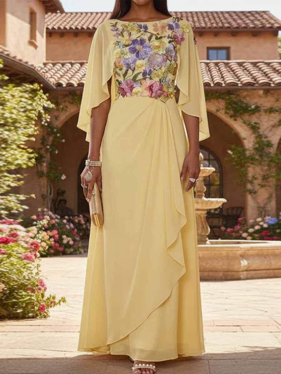 A-line/Princess Scoop 3/4 Sleeves Appliques Lace Floor-Length Chiffon Corset Mother of the Bride Dress