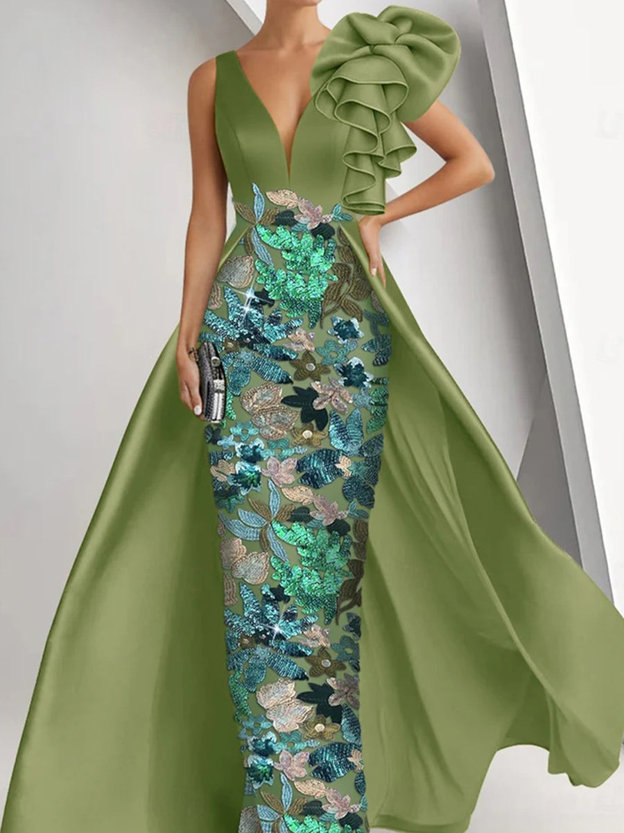 Sheath/Column V-neck Sequin Floor-Length Satin Corset Mother of the Bride Dress