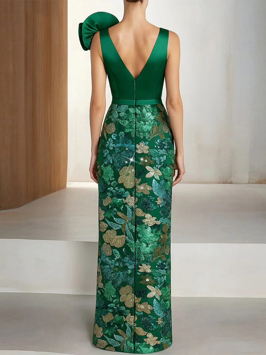 Sheath/Column V-neck Sequin Floor-Length Satin Corset Mother of the Bride Dress
