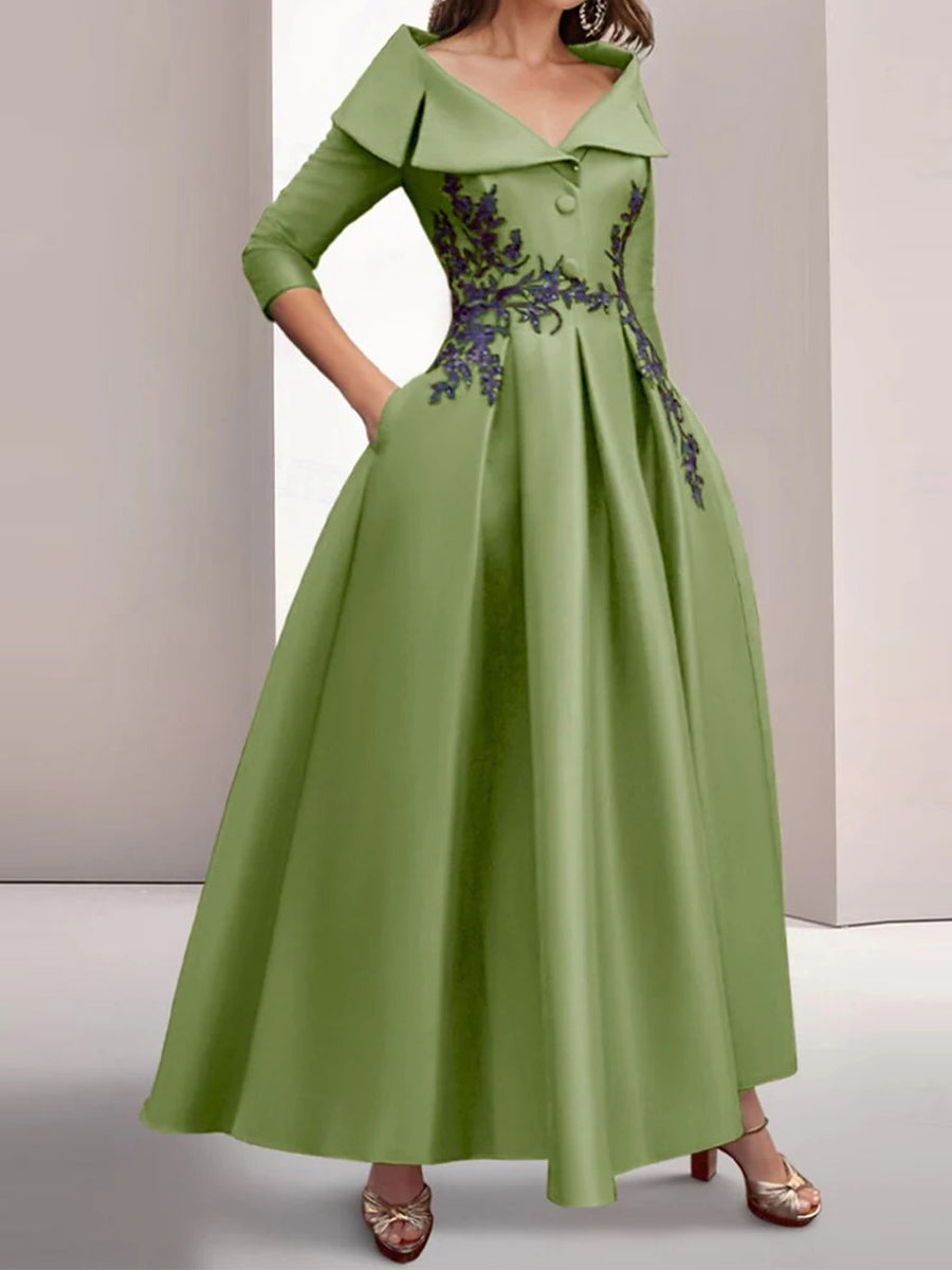 A-line/Princess V-neck 3/4 Sleeves Appliques Lace Ankle-Length Satin Corset Mother of the Bride Dress