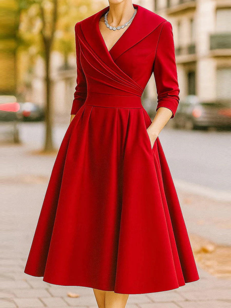 A-line/Princess V-neck 3/4 Sleeves Pleated Tea-Length Stretch Crepe Mother of the Bride Dress