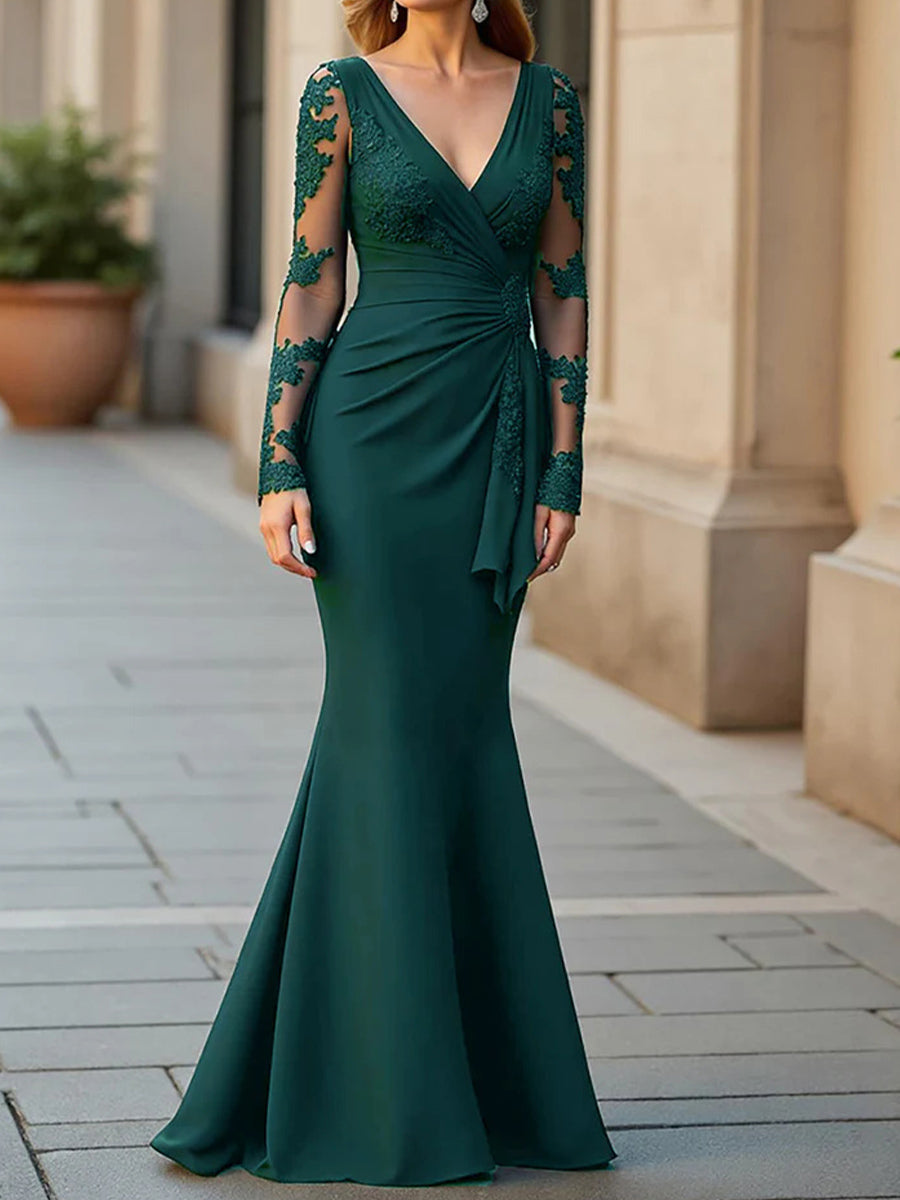 Sheath/Column V-neck Long Sleeves Appliques Lace Floor-Length Stretch Crepe Mother of the Bride Dress