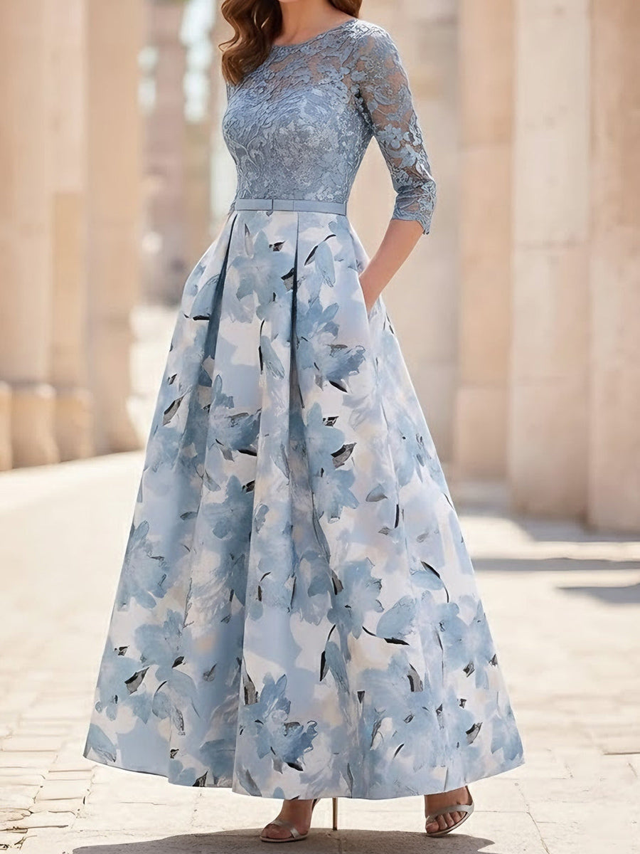 A-line/Princess Scoop 3/4 Sleeves Appliques Lace Floor-Length Mother of the Bride Dress