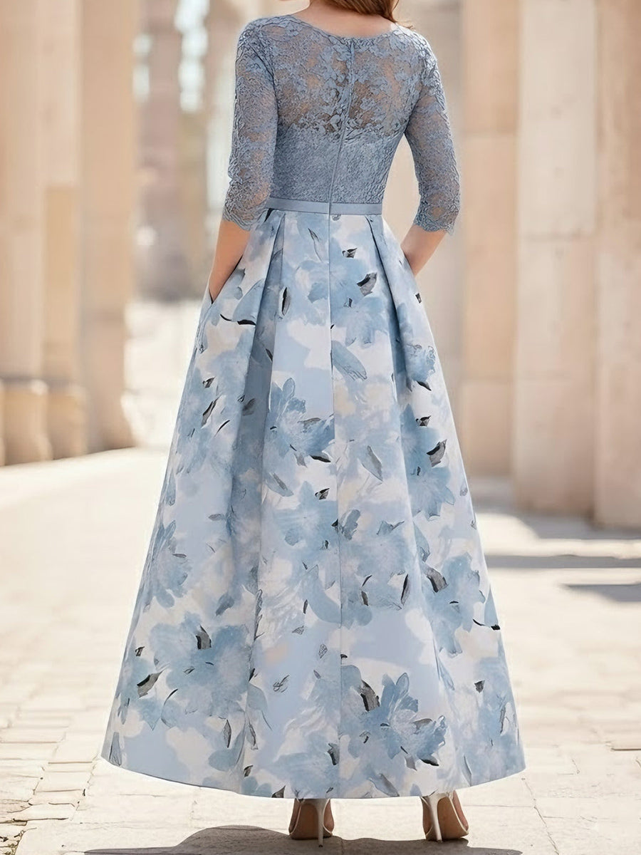 A-line/Princess Scoop 3/4 Sleeves Appliques Lace Floor-Length Mother of the Bride Dress