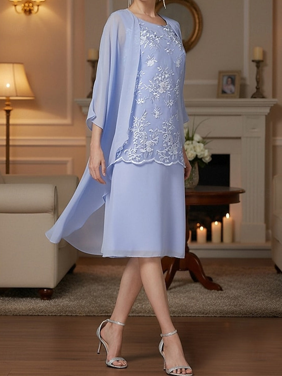 Sheath/Column Scoop Appliques Lace Knee-Length Chiffon Corset Mother of the Bride Dress