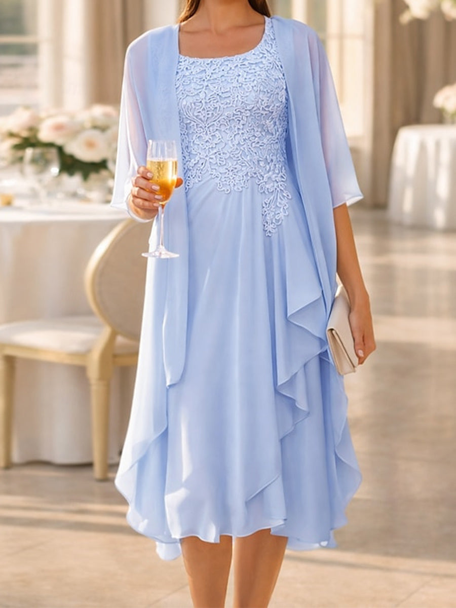 A-line/Princess Scoop Appliques Lace Knee-Length Chiffon Corset Mother of the Bride Dress