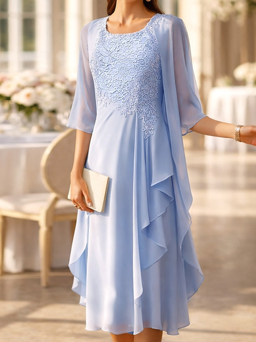 A-line/Princess Scoop Appliques Lace Knee-Length Chiffon Corset Mother of the Bride Dress