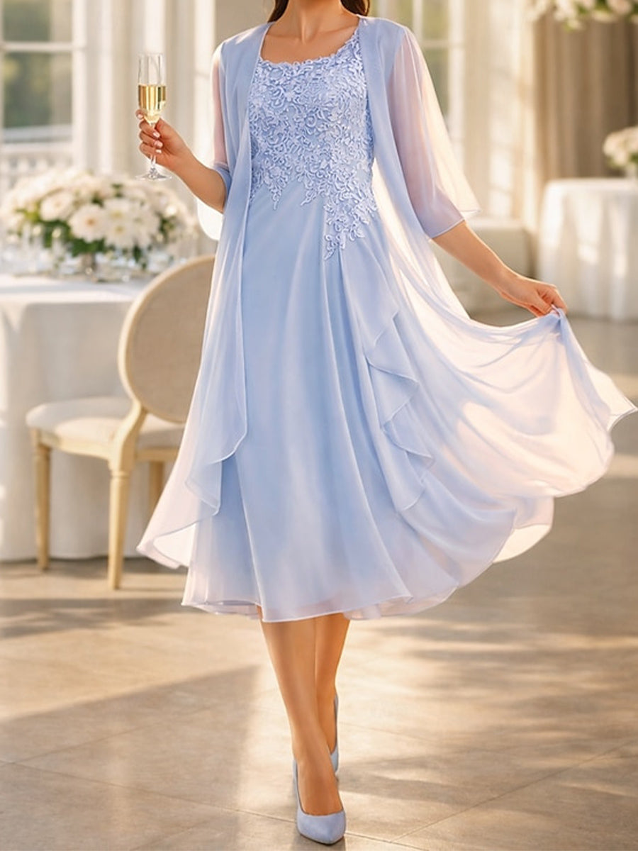 A-line/Princess Scoop Appliques Lace Knee-Length Chiffon Corset Mother of the Bride Dress