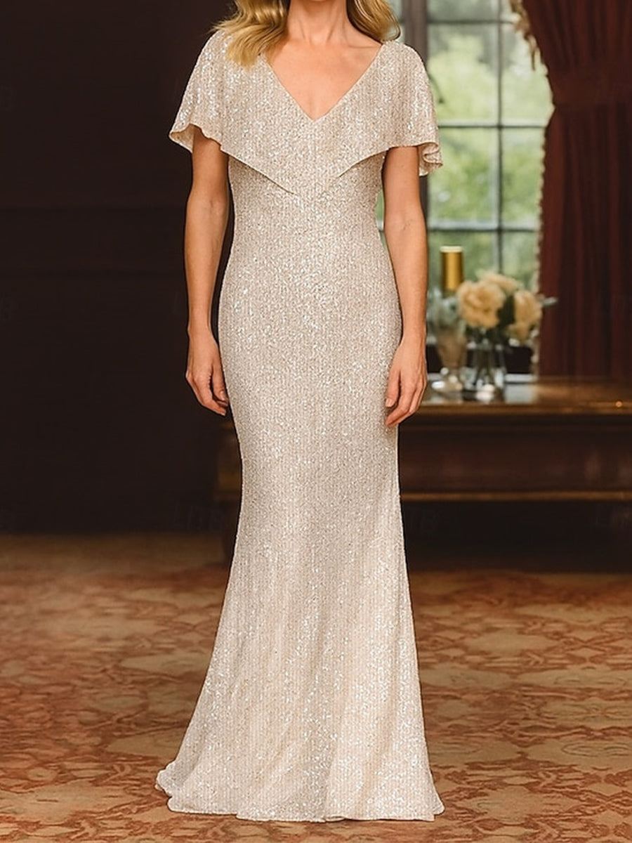 Sheath/Column V-neck Short Sleeves Sweep Train Corset Mother of the Bride Dress
