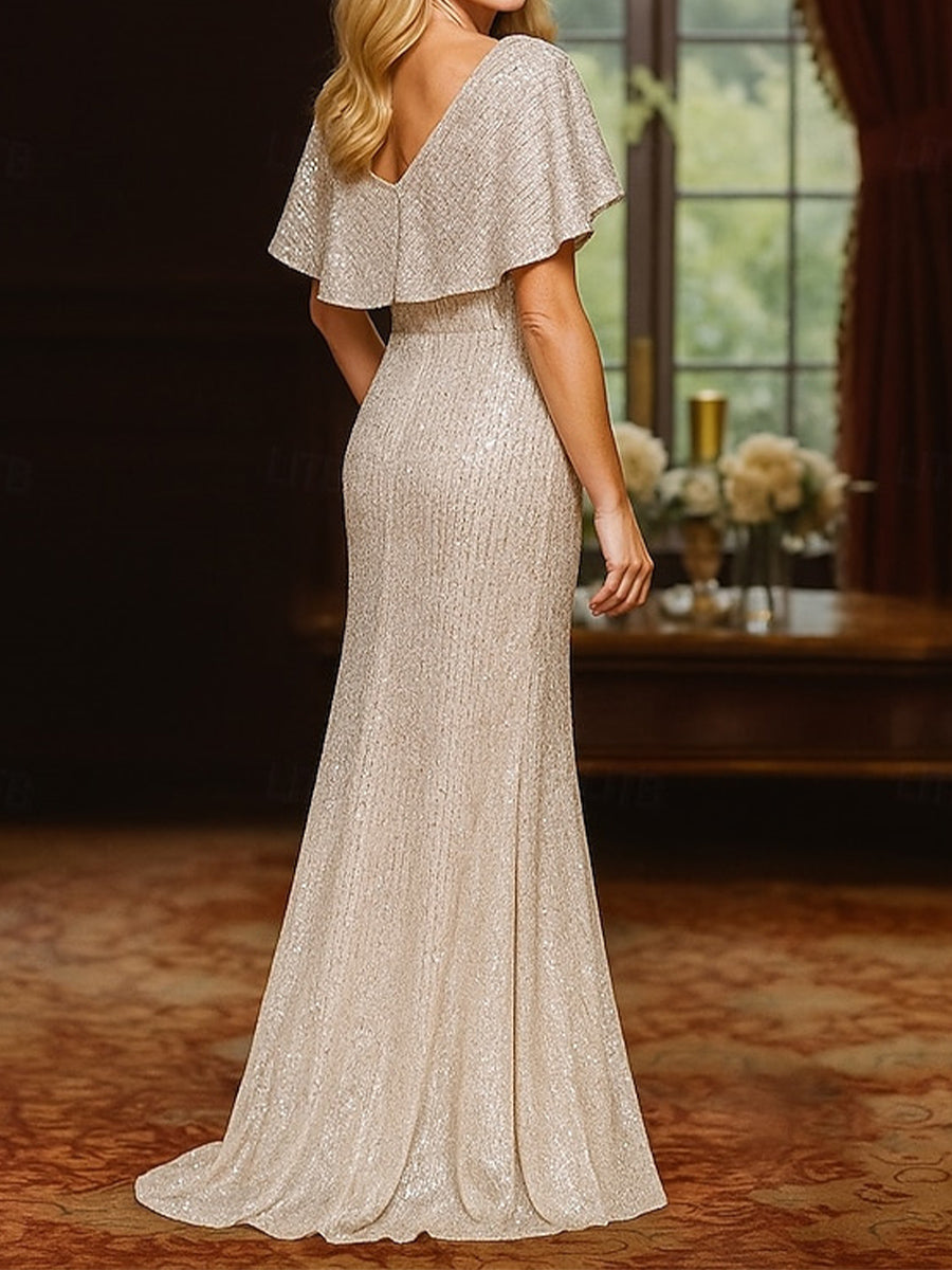 Sheath/Column V-neck Short Sleeves Sweep Train Corset Mother of the Bride Dress
