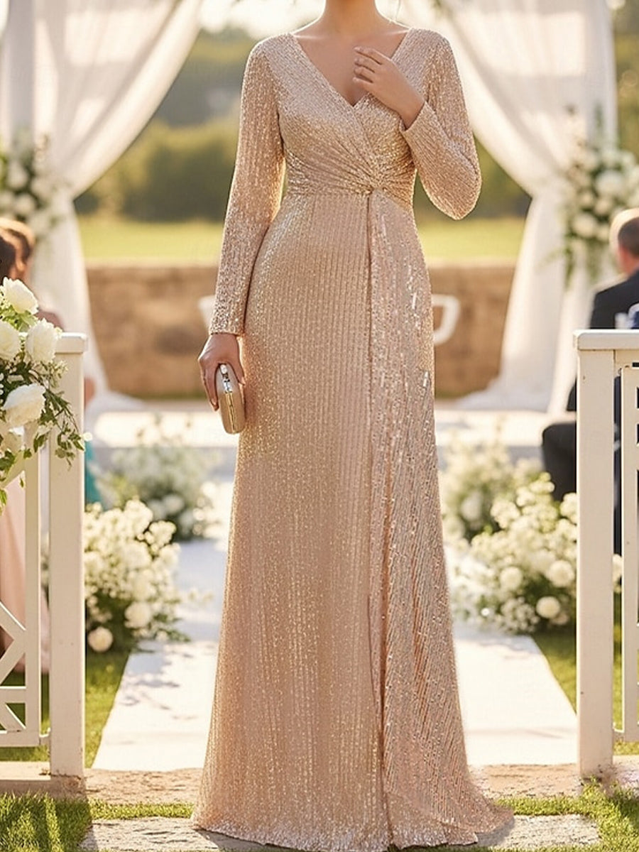 Sheath/Column V-neck Long Sleeves Pleated Sweep Train Corset Mother of the Bride Dress