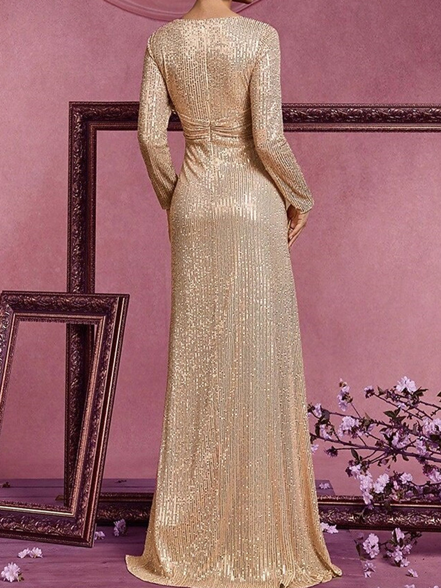 Sheath/Column V-neck Long Sleeves Pleated Sweep Train Corset Mother of the Bride Dress