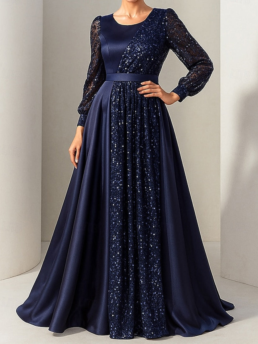 A-line/Princess Scoop Long Sleeves Sequin Floor-Length Satin Corset Mother of the Bride Dress