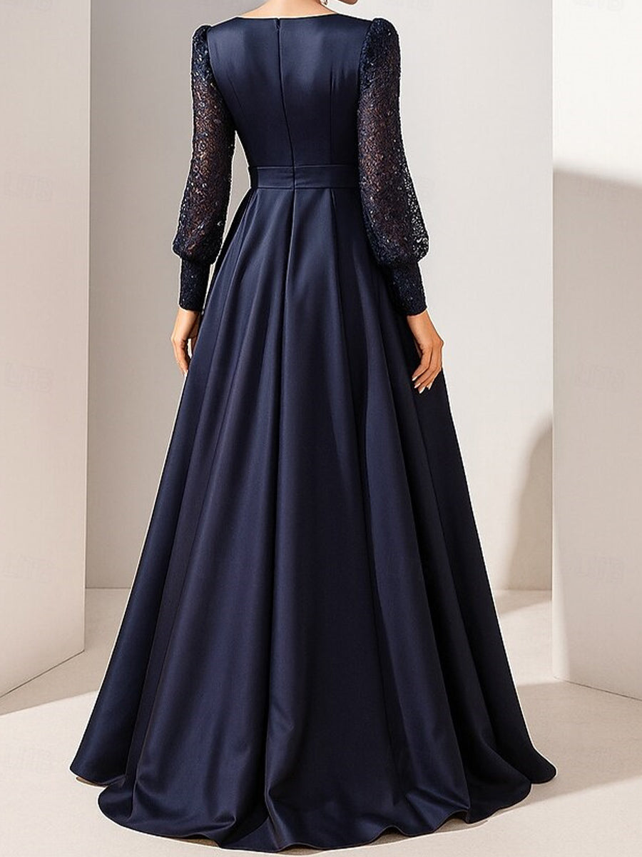 A-line/Princess Scoop Long Sleeves Sequin Floor-Length Satin Corset Mother of the Bride Dress