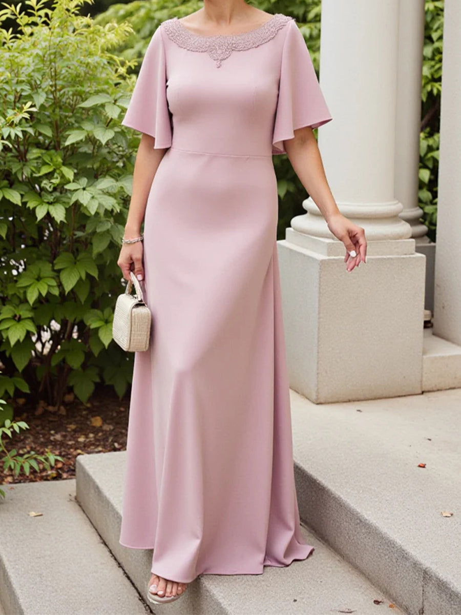 Sheath/Column Scoop Short Sleeves Beading Floor-Length Stretch Crepe Mother of the Bride Dress