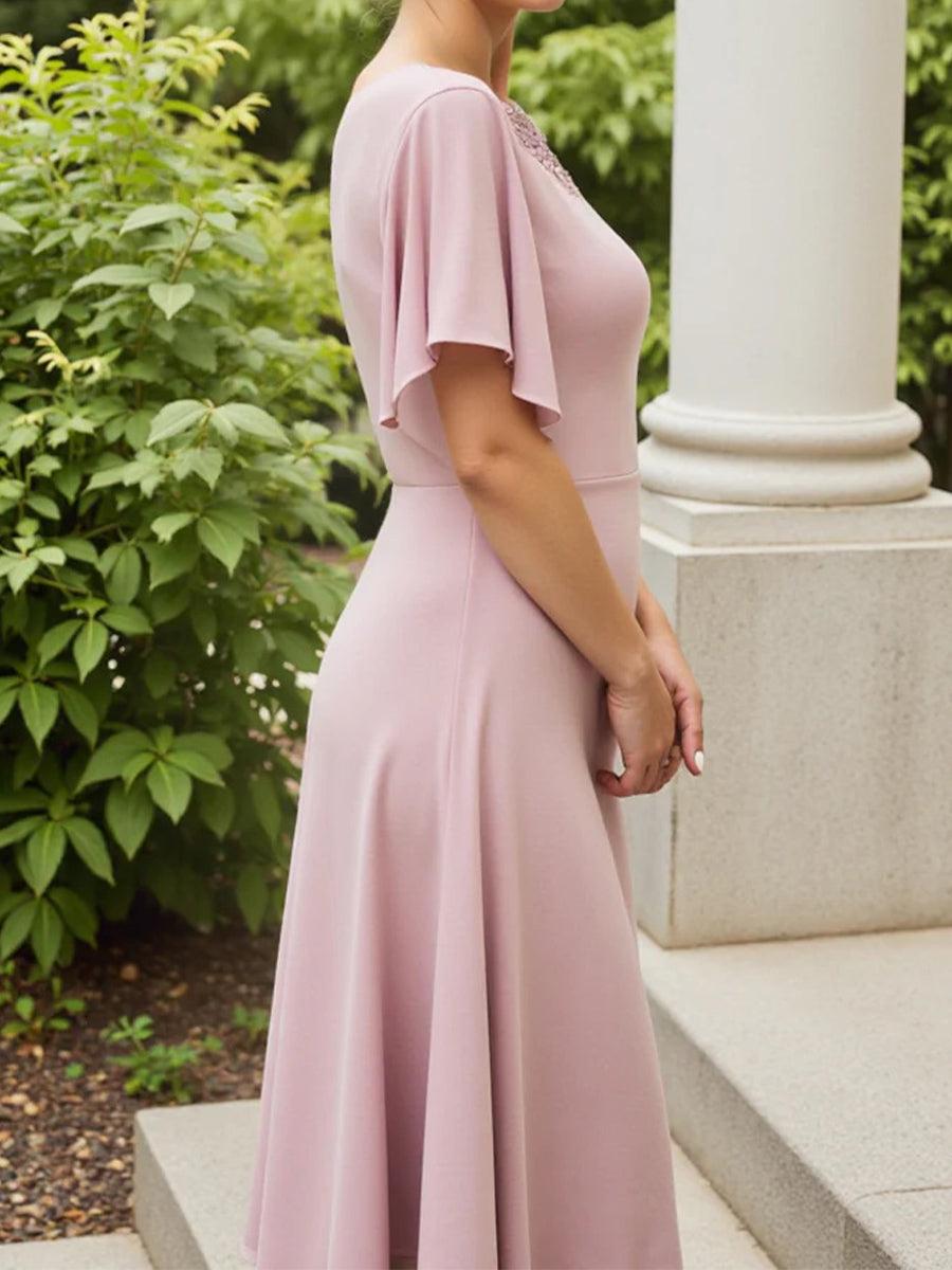 Sheath/Column Scoop Short Sleeves Beading Floor-Length Stretch Crepe Mother of the Bride Dress
