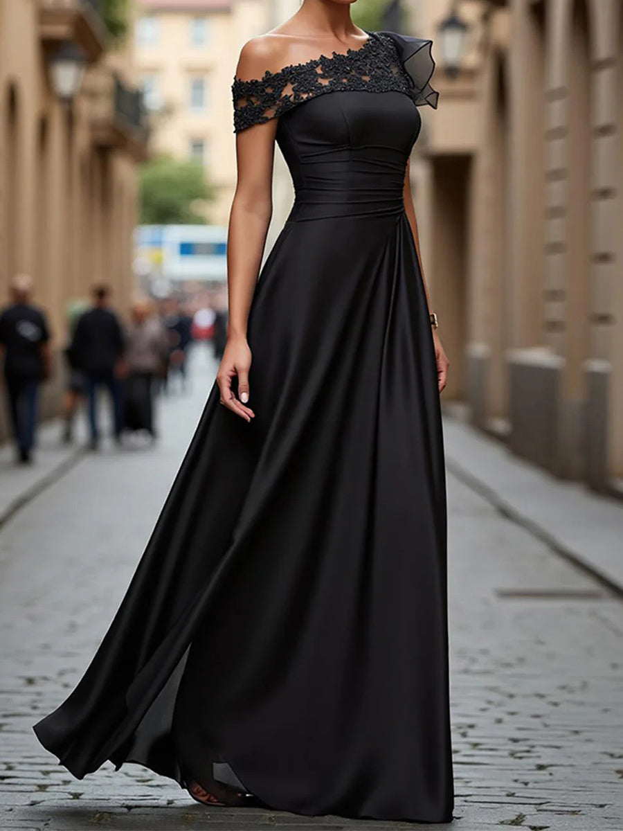 A-line/Princess One-Shoulder Appliques Lace Floor-Length Silk Like Satin Corset Mother of the Bride Dress