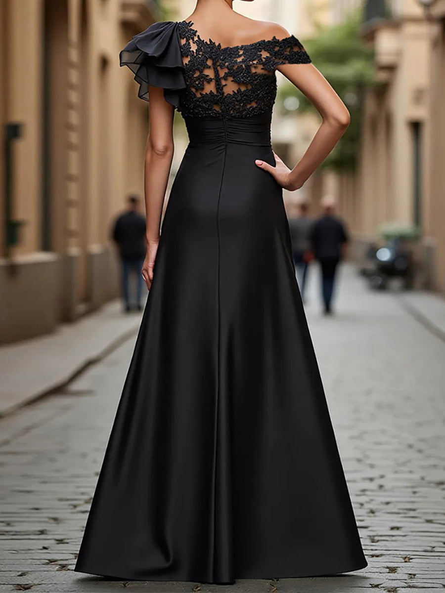 A-line/Princess One-Shoulder Appliques Lace Floor-Length Silk Like Satin Corset Mother of the Bride Dress