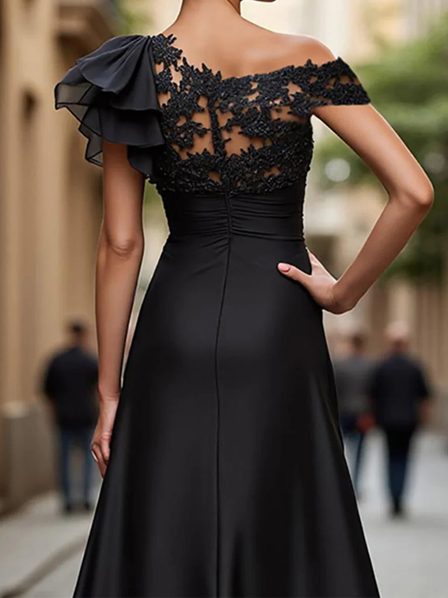 A-line/Princess One-Shoulder Appliques Lace Floor-Length Silk Like Satin Corset Mother of the Bride Dress
