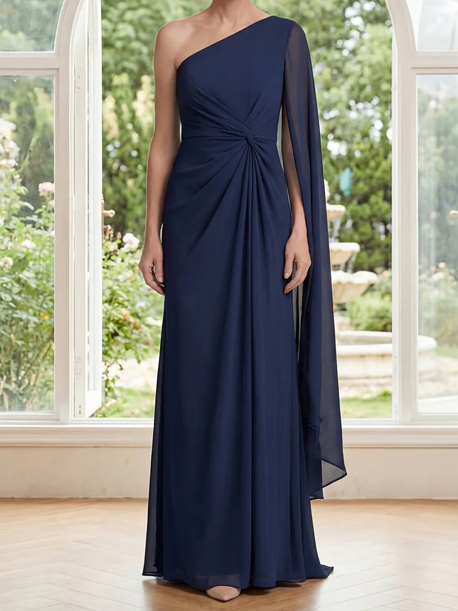 Sheath/Column One-Shoulder Long Sleeves Pleated Floor-Length Chiffon Corset Mother of the Bride Dress