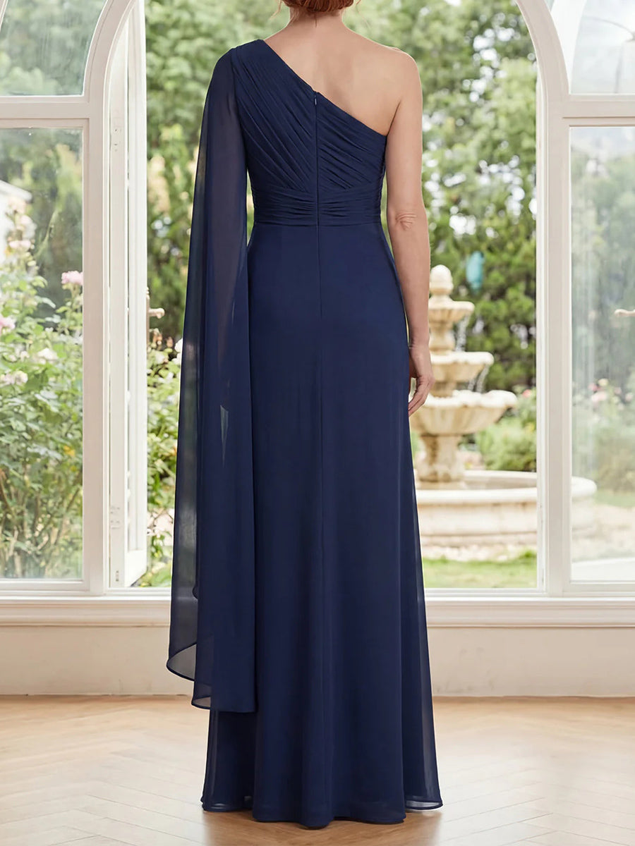 Sheath/Column One-Shoulder Long Sleeves Pleated Floor-Length Chiffon Corset Mother of the Bride Dress