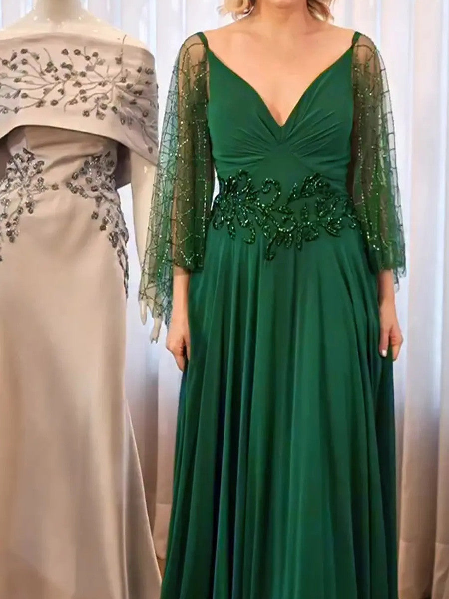 A-line/Princess V-neck Long Sleeves Beading Sweep Train Chiffon Mother of the Bride Dress