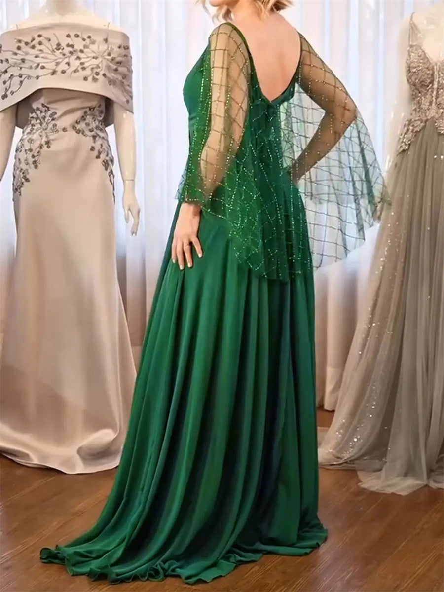 A-line/Princess V-neck Long Sleeves Beading Sweep Train Chiffon Mother of the Bride Dress