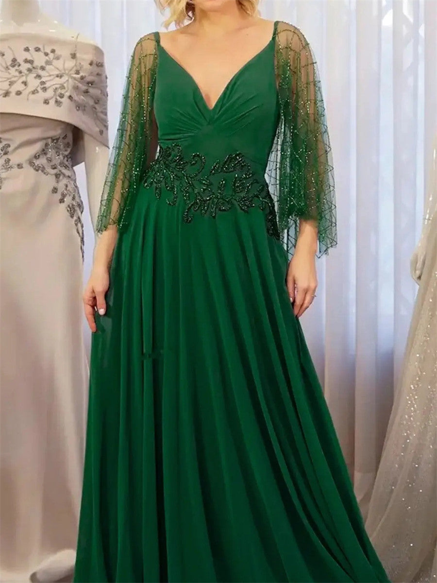 A-line/Princess V-neck Long Sleeves Beading Sweep Train Chiffon Mother of the Bride Dress