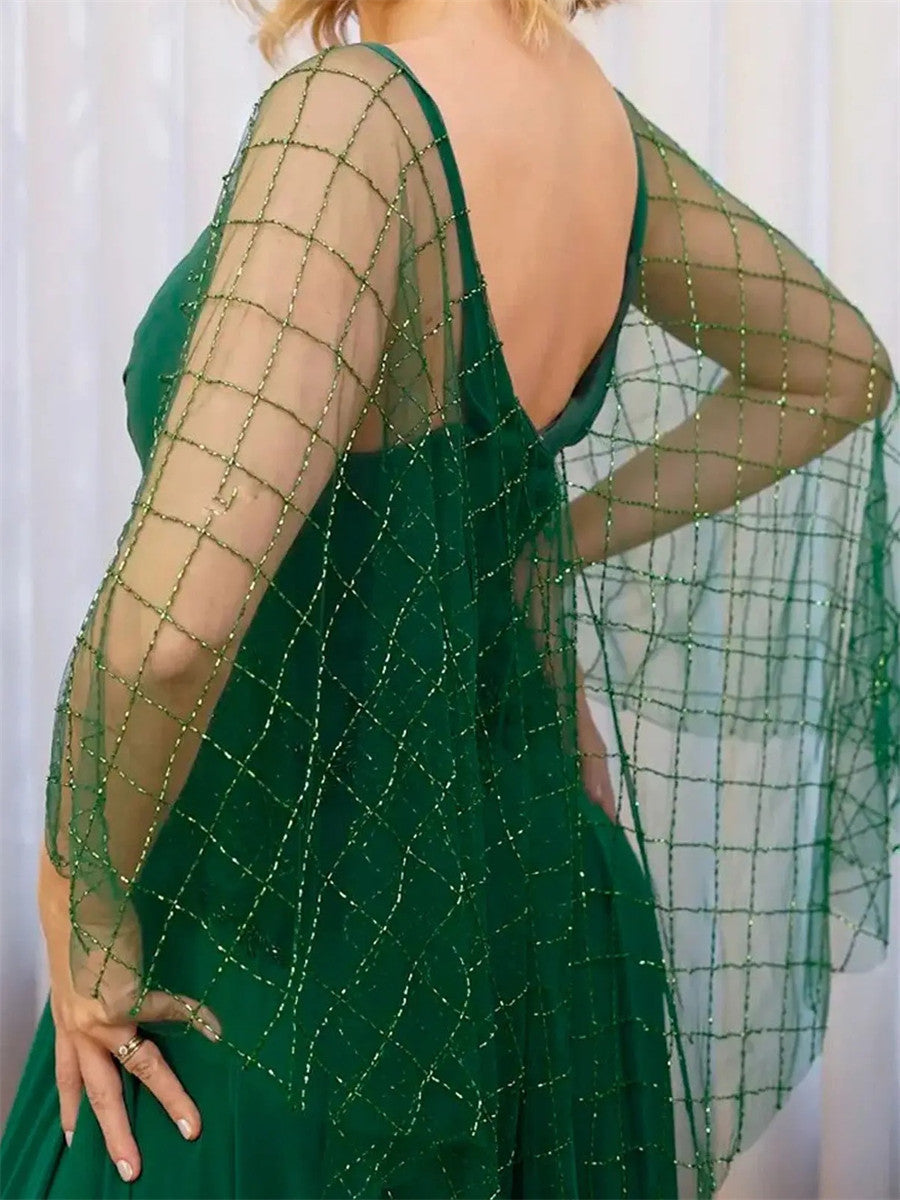 A-line/Princess V-neck Long Sleeves Beading Sweep Train Chiffon Mother of the Bride Dress