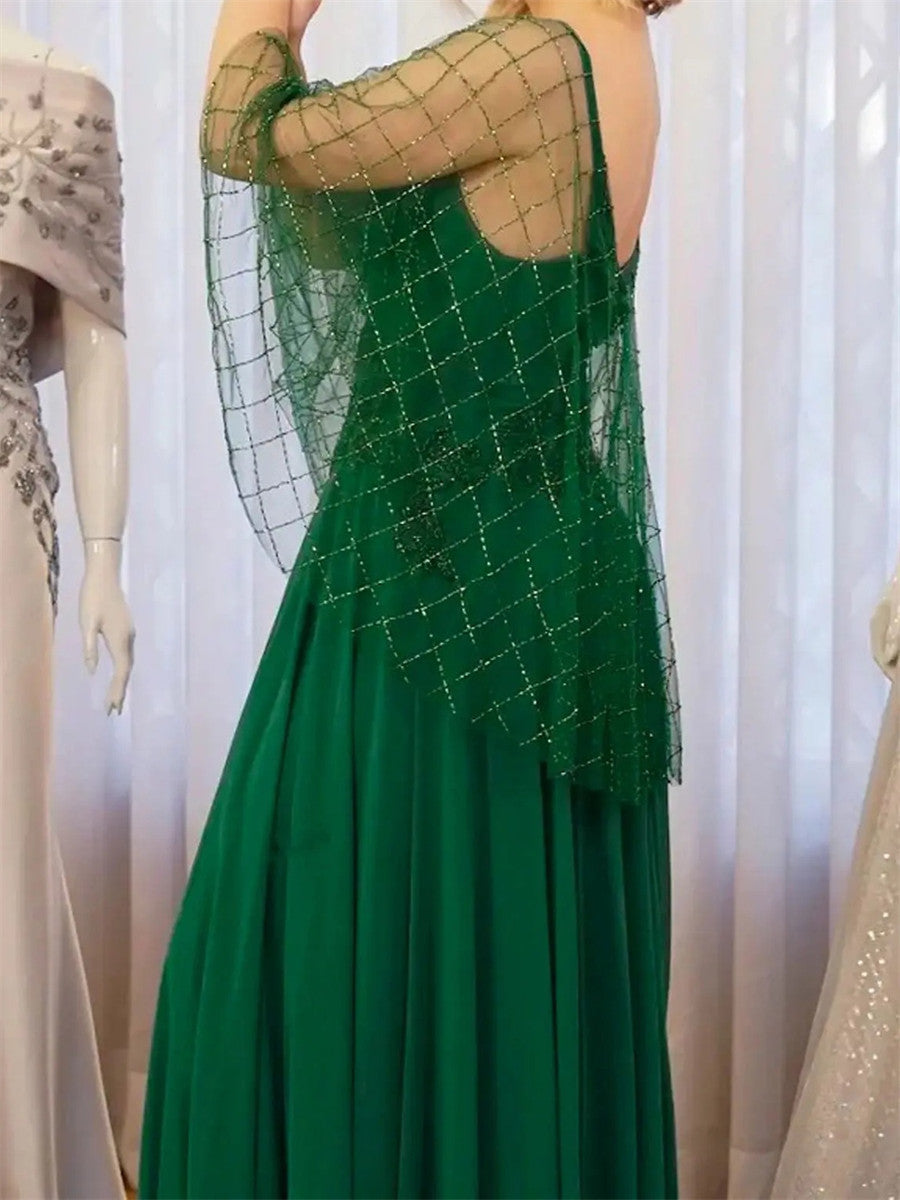 A-line/Princess V-neck Long Sleeves Beading Sweep Train Chiffon Mother of the Bride Dress