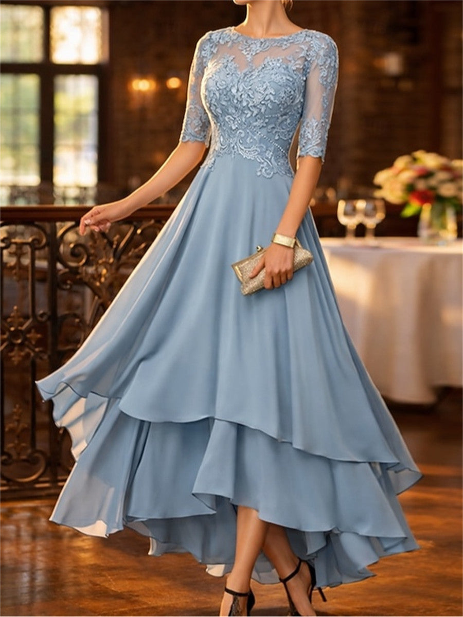 A-line/Princess Scoop 1/2 Sleeves Appliques Lace Asymmetrical Satin Chiffon Corset Mother of the Bride Dress