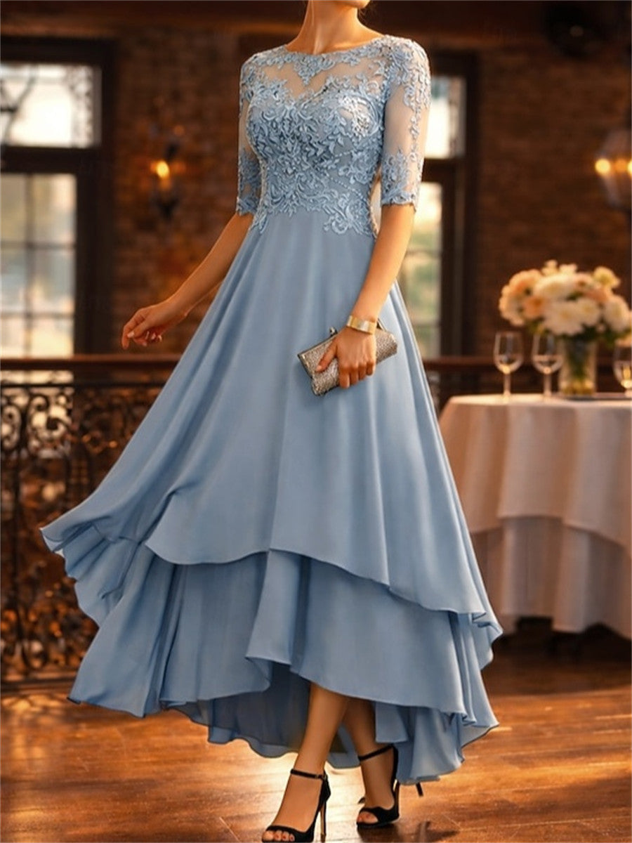 A-line/Princess Scoop 1/2 Sleeves Appliques Lace Asymmetrical Satin Chiffon Corset Mother of the Bride Dress