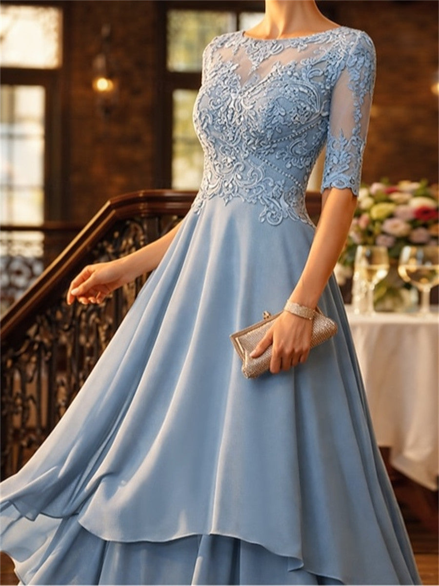 A-line/Princess Scoop 1/2 Sleeves Appliques Lace Asymmetrical Satin Chiffon Corset Mother of the Bride Dress