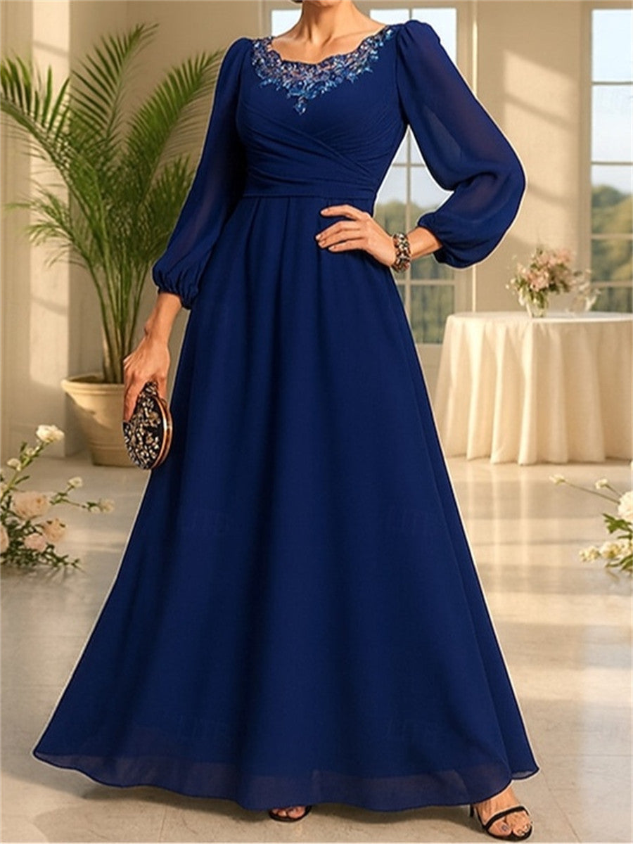 A-line/Princess Scoop Long Sleeves Appliques Lace Floor-Length Chiffon Corset Mother of the Bride Dress