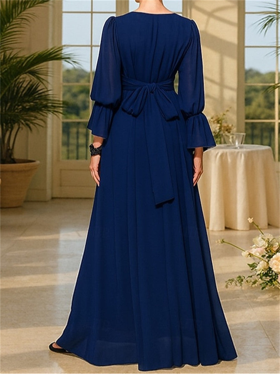 A-line/Princess Scoop Long Sleeves Appliques Lace Floor-Length Chiffon Corset Mother of the Bride Dress