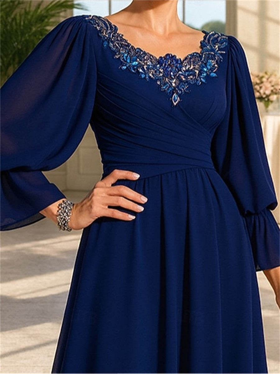 A-line/Princess Scoop Long Sleeves Appliques Lace Floor-Length Chiffon Corset Mother of the Bride Dress