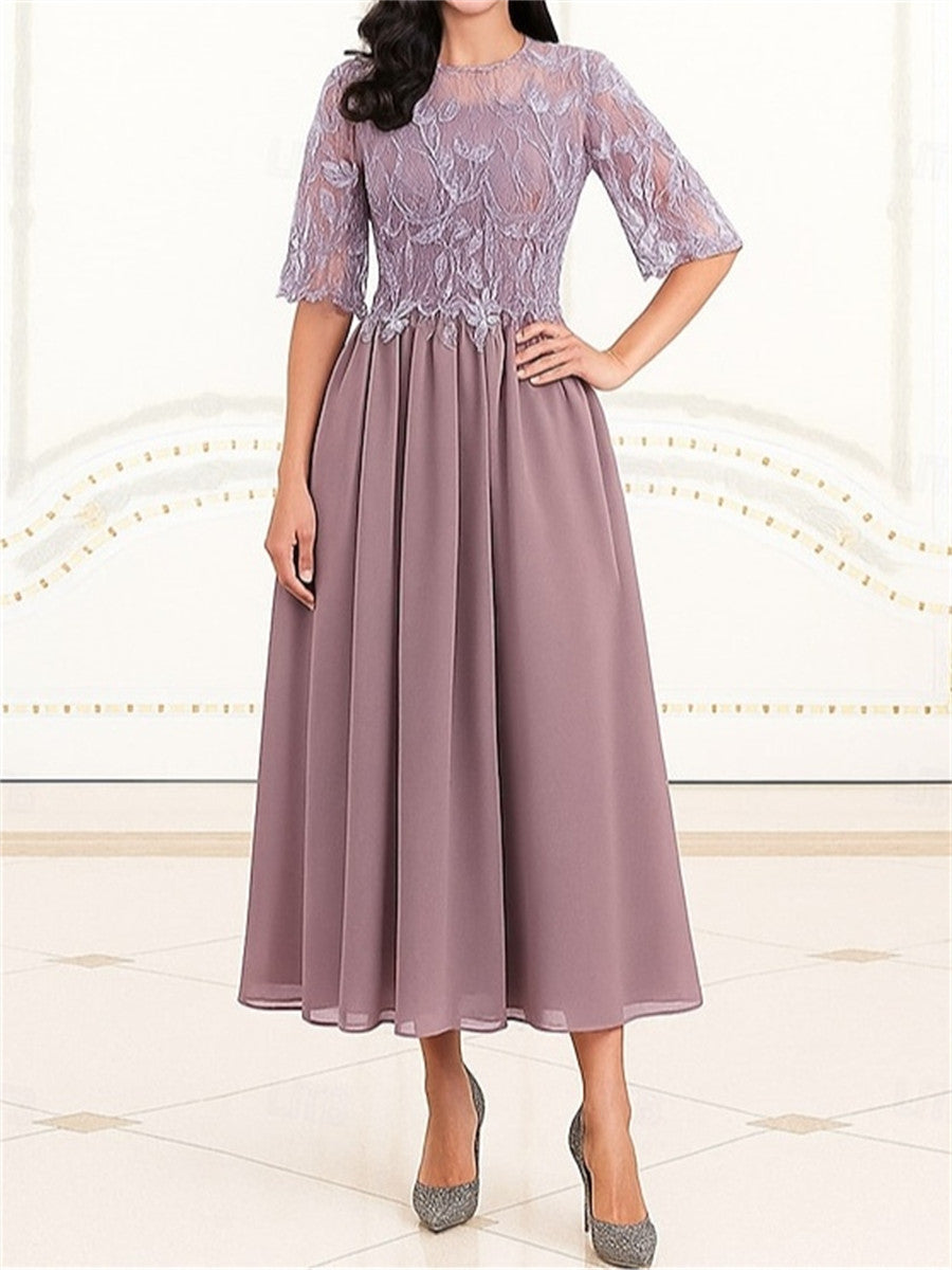 A-line/Princess Scoop 1/2 Sleeves Appliques Lace Tea-Length Chiffon Corset Mother of the Bride Dress