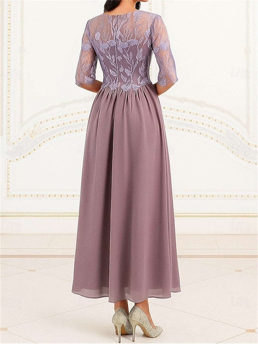 A-line/Princess Scoop 1/2 Sleeves Appliques Lace Tea-Length Chiffon Corset Mother of the Bride Dress