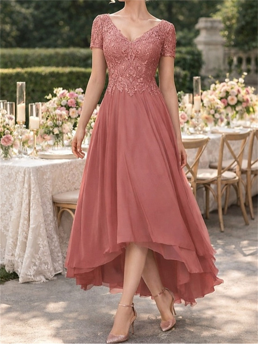 A-line/Princess V-neck Short Sleeves Appliques Lace Asymmetrical Chiffon Corset Mother of the Bride Dress