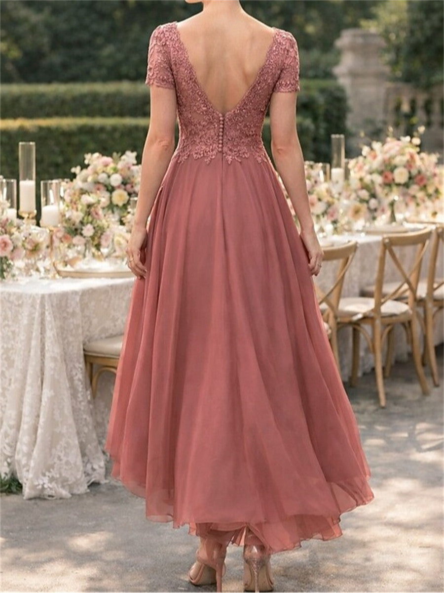 A-line/Princess V-neck Short Sleeves Appliques Lace Asymmetrical Chiffon Corset Mother of the Bride Dress