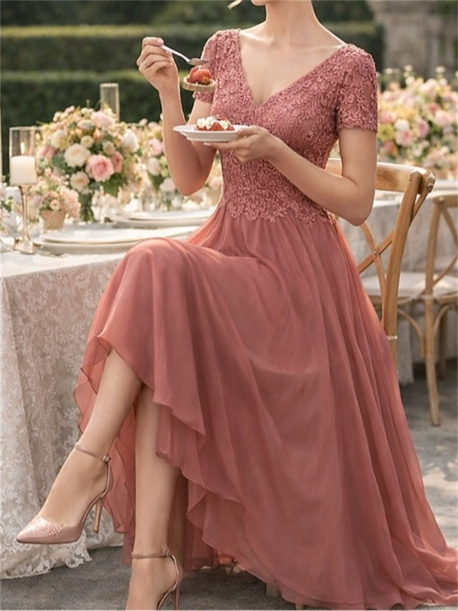 A-line/Princess V-neck Short Sleeves Appliques Lace Asymmetrical Chiffon Corset Mother of the Bride Dress