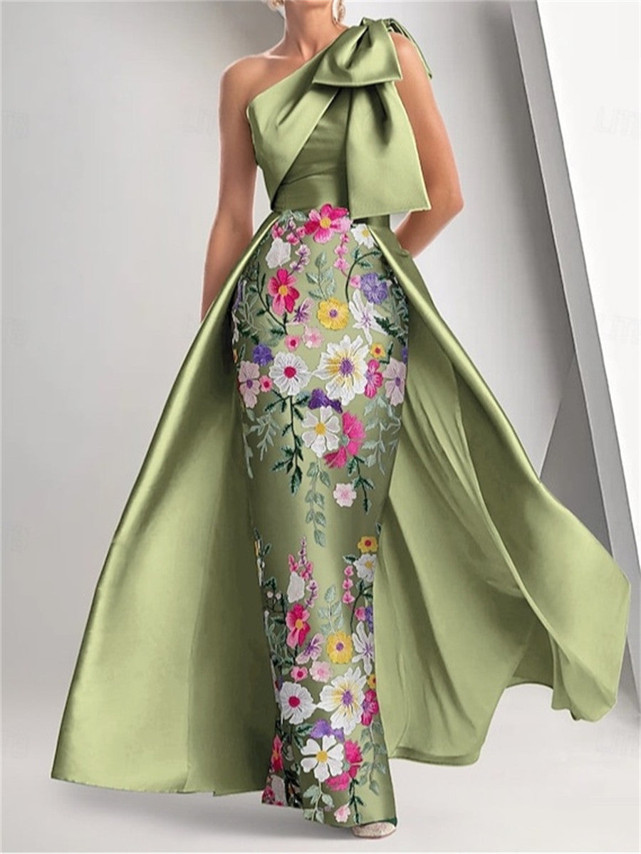 Sheath/Column One-Shoulder Appliques Lace Floor-Length Satin Corset Mother of the Bride Dress