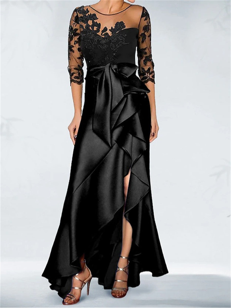 Sheath/Column Scoop 3/4 Sleeves Appliques Lace Floor-Length Silk Like Satin Corset Mother of the Bride Dress