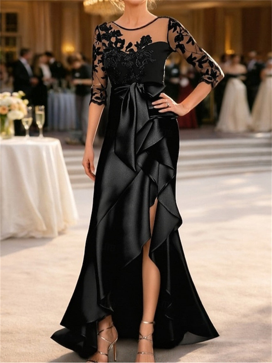 Sheath/Column Scoop 3/4 Sleeves Appliques Lace Floor-Length Silk Like Satin Corset Mother of the Bride Dress