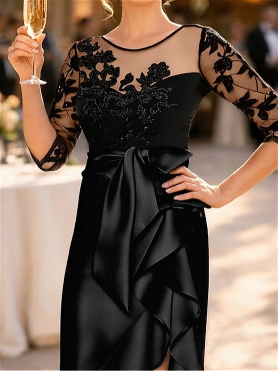 Sheath/Column Scoop 3/4 Sleeves Appliques Lace Floor-Length Silk Like Satin Corset Mother of the Bride Dress