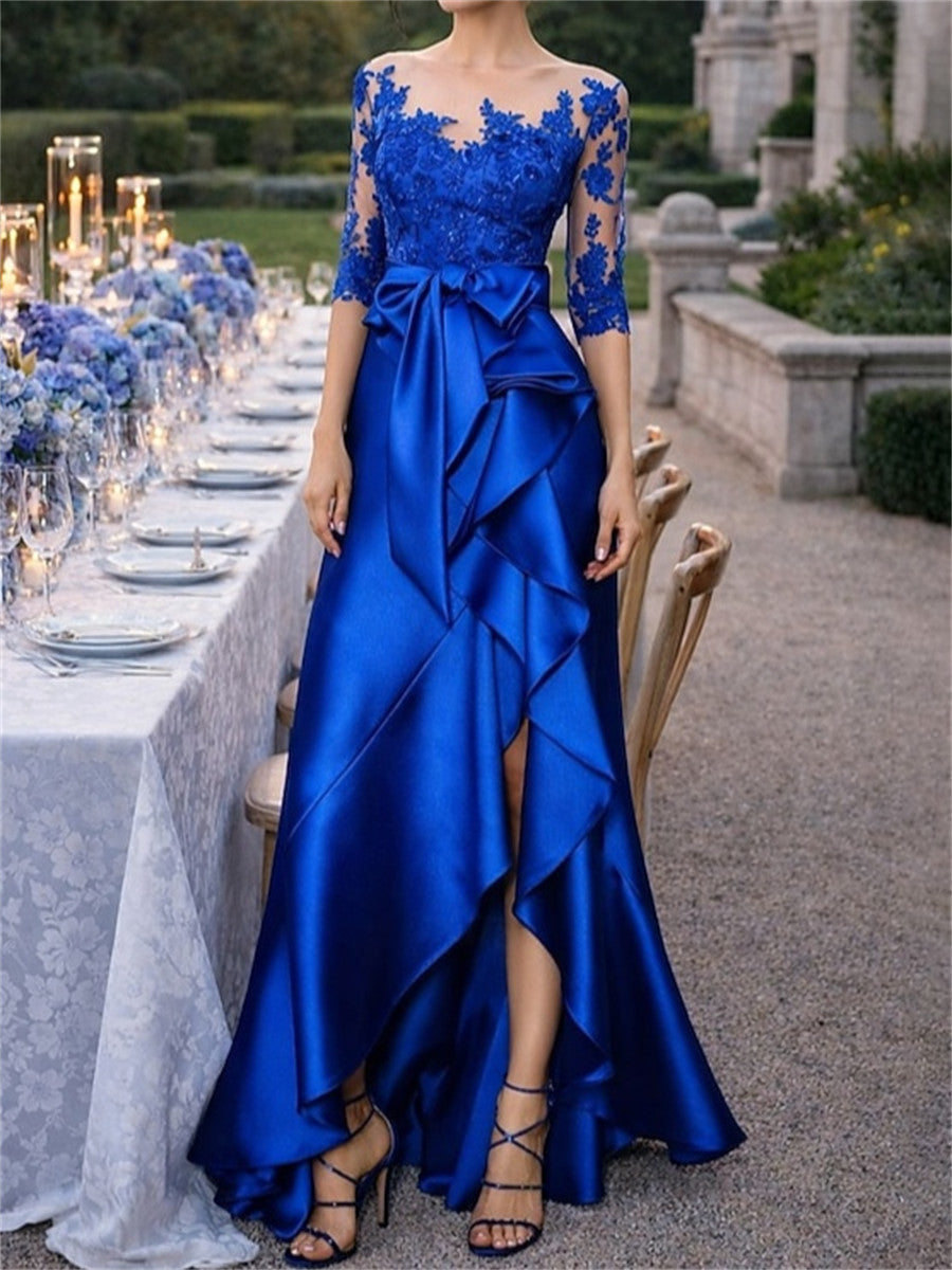 Sheath/Column Scoop 3/4 Sleeves Appliques Lace Floor-Length Silk Like Satin Corset Mother of the Bride Dress