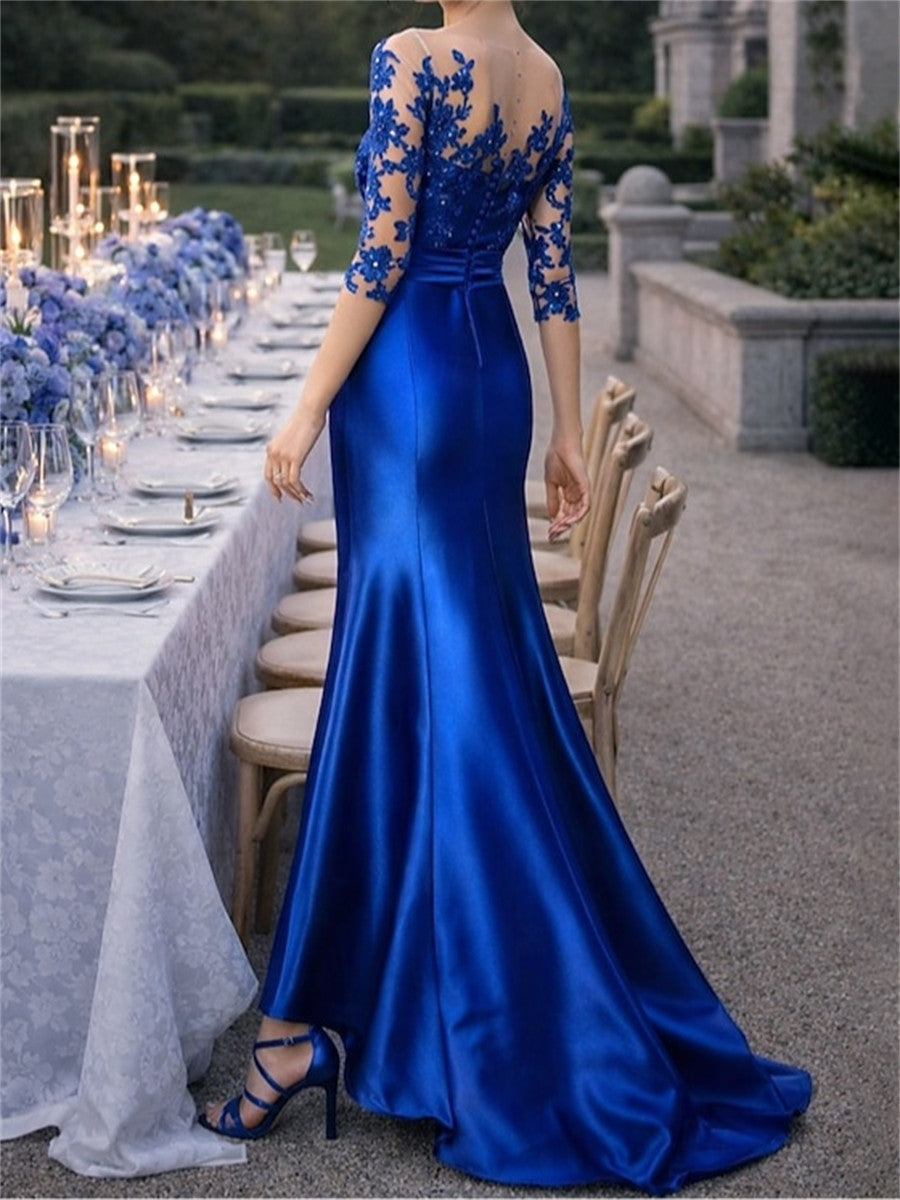 Sheath/Column Scoop 3/4 Sleeves Appliques Lace Floor-Length Silk Like Satin Corset Mother of the Bride Dress